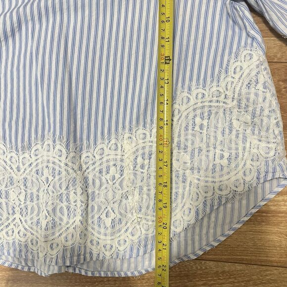 Zara Blouse Size M Blue White Striped Flared Sleeve Boho Peasant Embroidered Hem - Picture 4 of 6